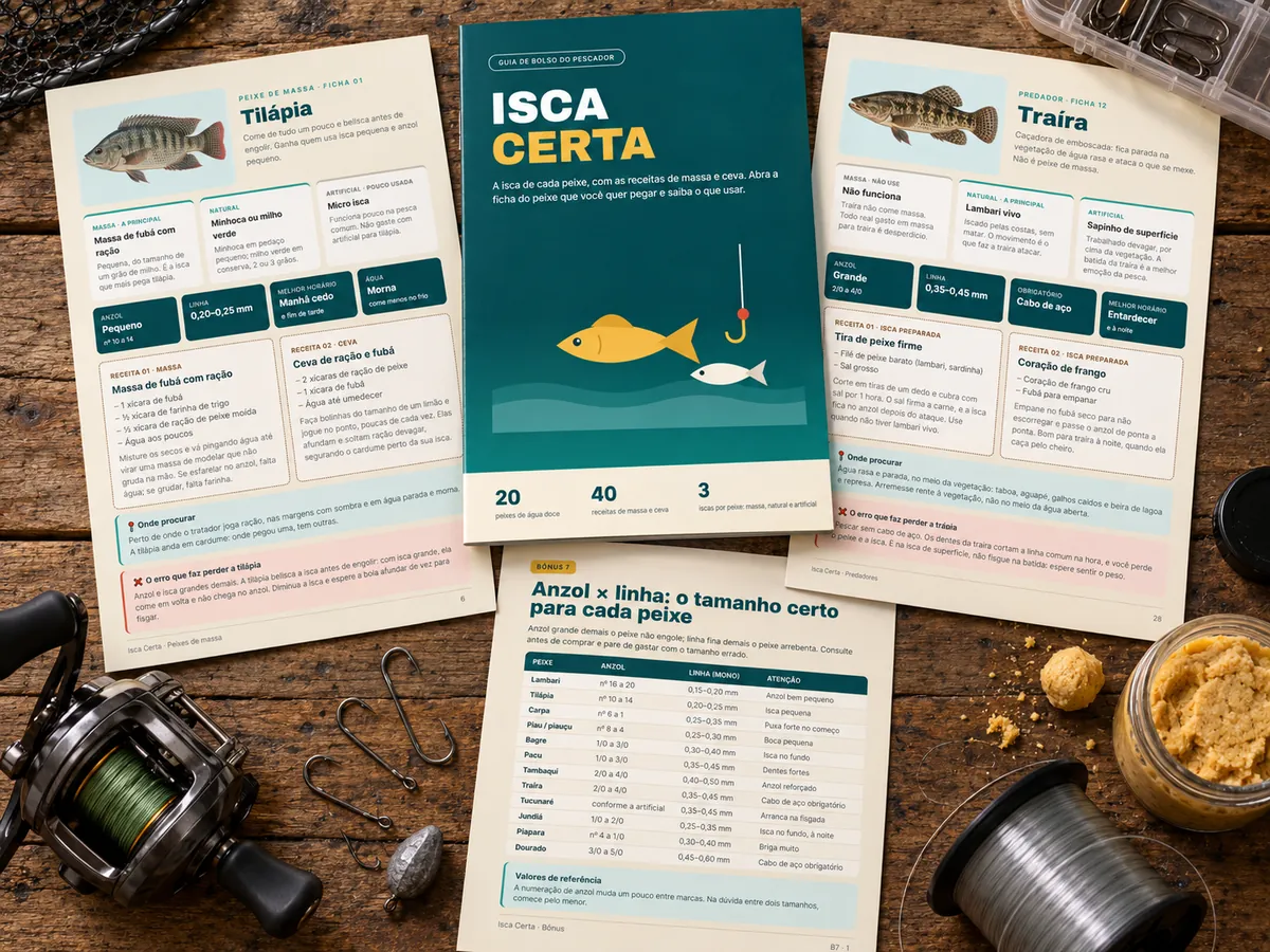 Guia Isca Certa impresso sobre a mesa com itens de pesca